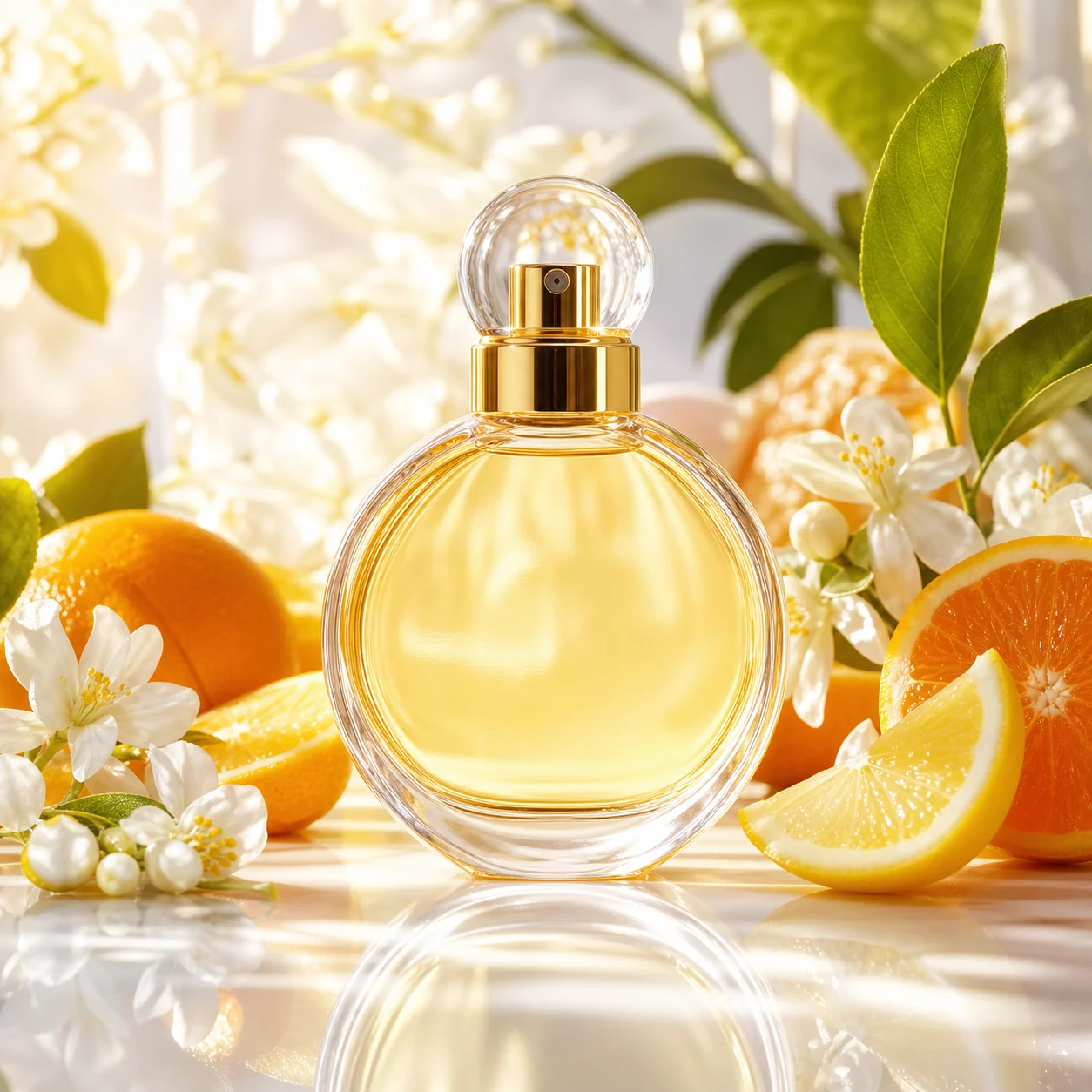 Citrus Muse arany parfüm citrusok és fehér virágok mellett