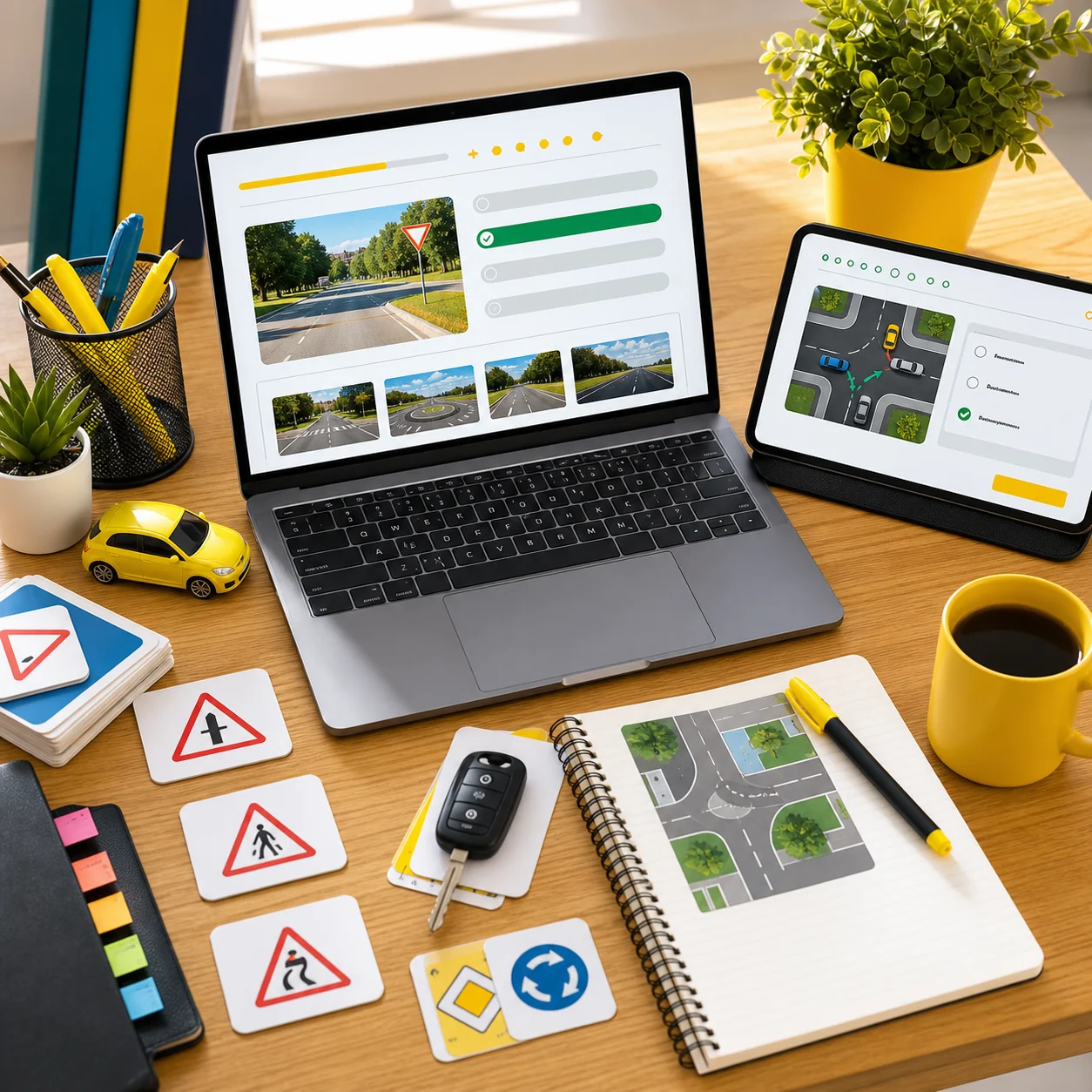 KRESZ gyakorló felület laptopon és táblakártyák az asztalon